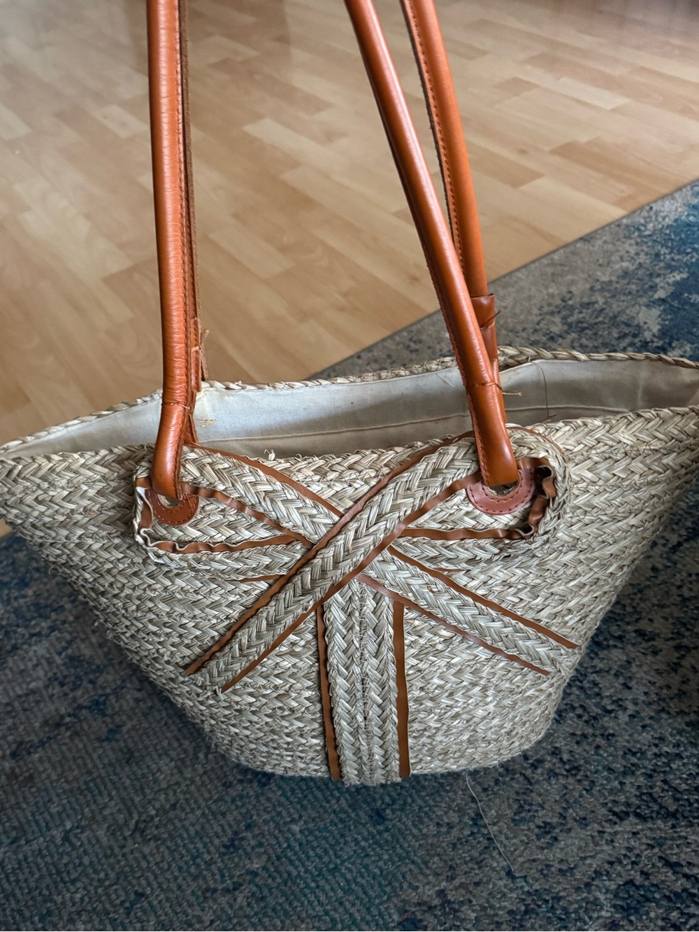Woven Straw Tote Bag with Tan Trim